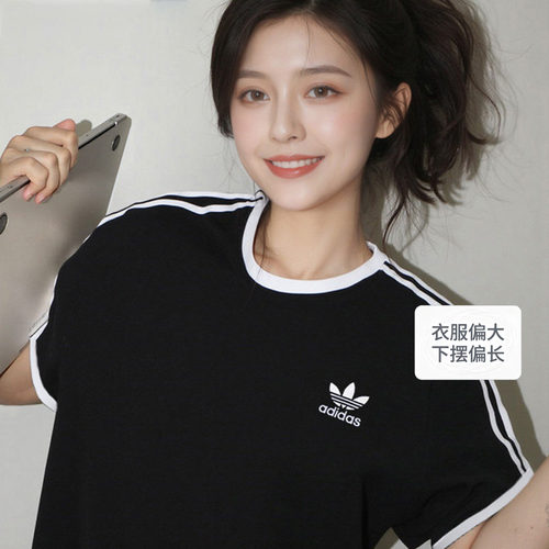 幸运叶子|阿迪达斯三叶草黑色短袖女夏Jennie同款T恤圆领半袖男