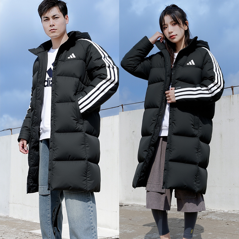 Adidas阿迪达斯长款羽绒服2025新款三条纹保暖上衣情侣过膝外套女
