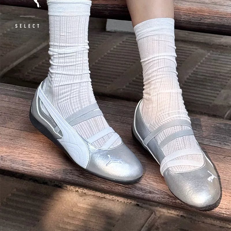 PUMA彪马女鞋 SPEEDCAT薄底鞋银色运动风芭蕾鞋绑带玛丽