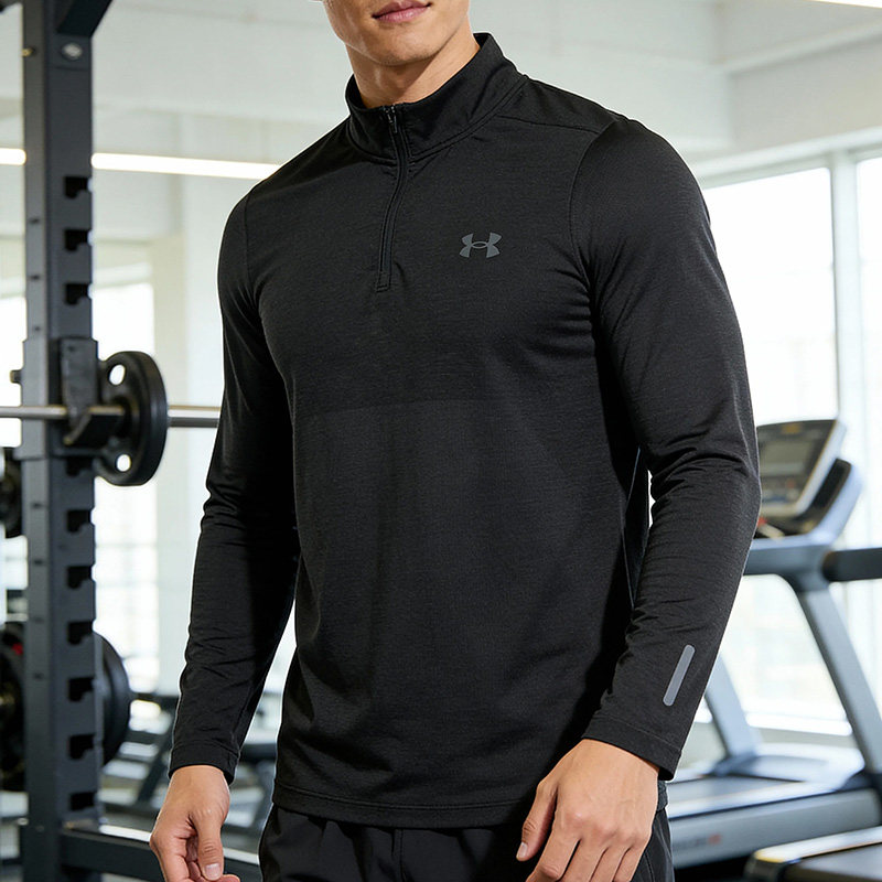 安德玛UA男装长袖T恤立领半开襟运动服舒适透气圆领跑步训练服