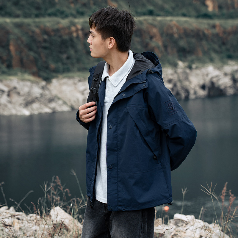 Timberland添柏岚户外冲锋衣男装秋季新款深蓝色外套运动服夹克