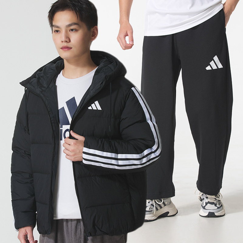 阿迪达斯运动套装男装冬季新款连帽羽绒服外套针织长裤直筒裤卫裤