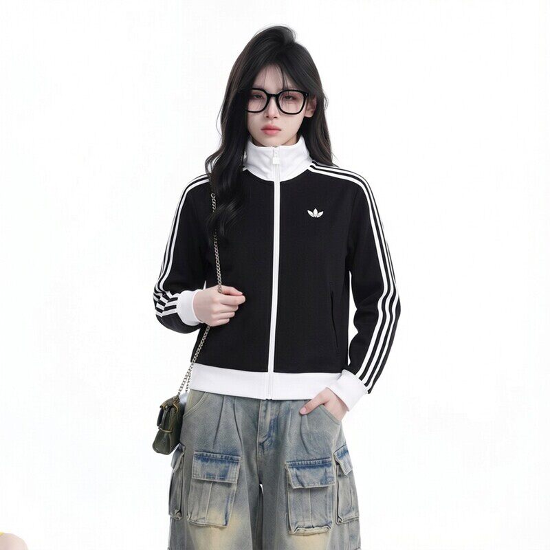 阿迪达斯三叶草针织夹克女装2026春季新款复古修身休闲运动服外套