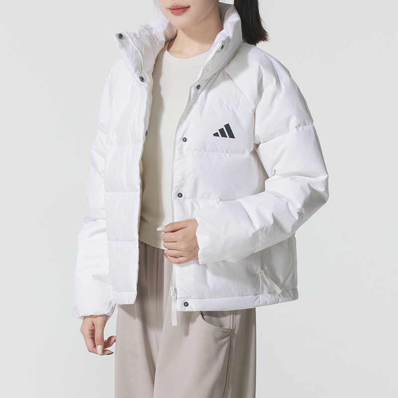 阿迪达斯白色立领羽绒服女装2025新款保暖棉羽外套休闲夹克运动服