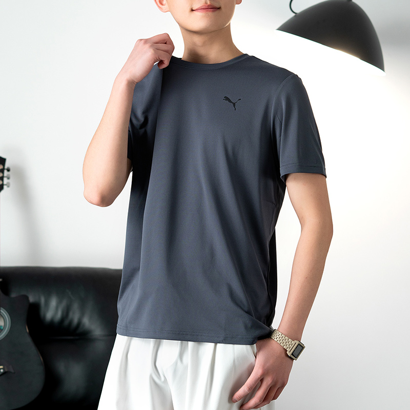 PUMA彪马跑步T恤男装圆领短袖健身训练服男子运动服五分袖527344