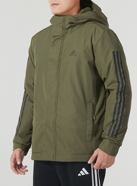 阿迪达斯连帽棉服男装秋冬新款保暖防风夹克宽松绿色运动服IP2535