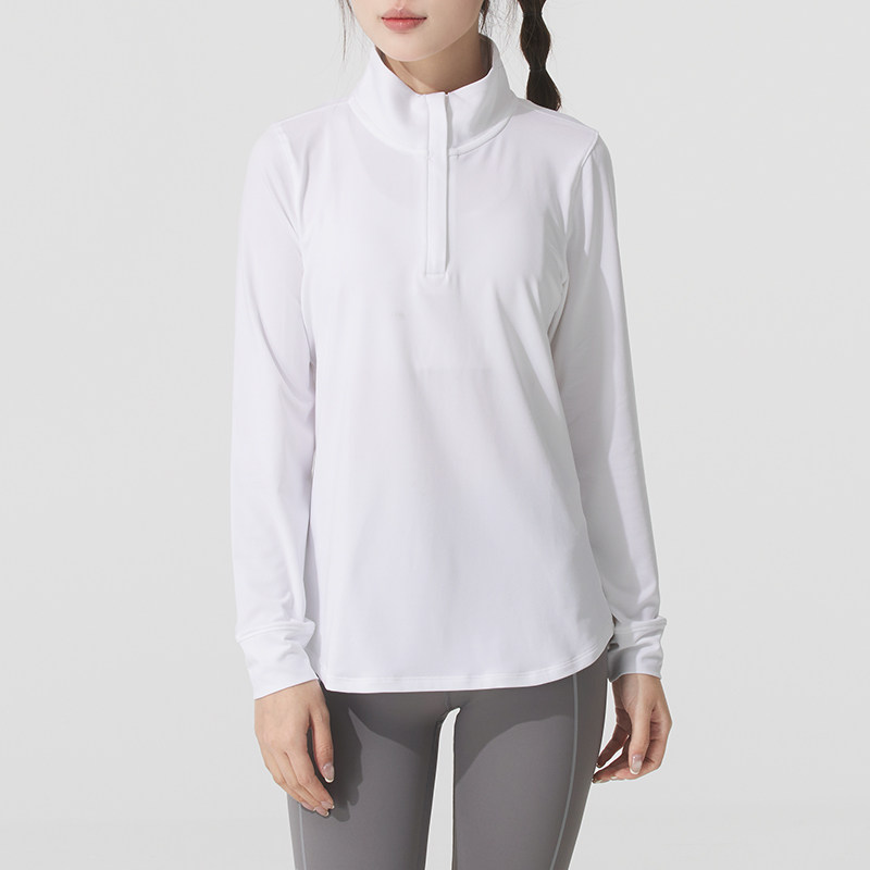 UA安德玛长袖T恤女装白色休闲运动服时尚上衣半拉链套头衫1383614