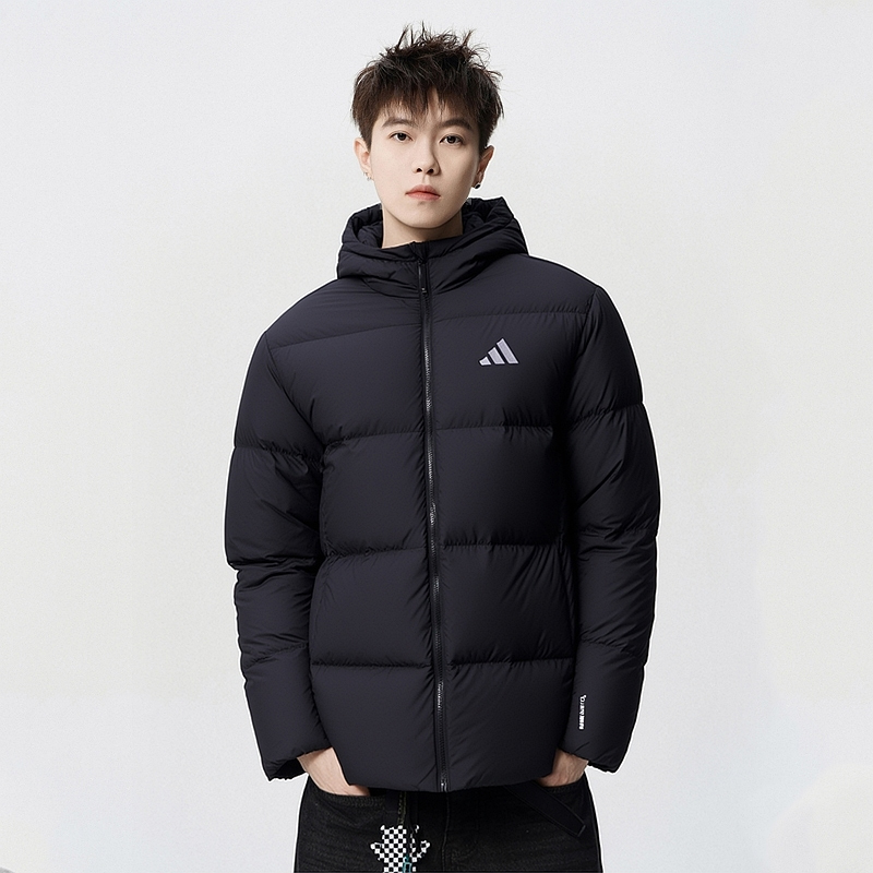 阿迪达斯轻薄羽绒服男冬季新款运动服黑色连帽保暖鸭绒外套KC2480