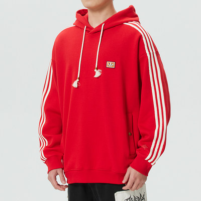 阿迪达斯三叶草男装新年款马年红色连帽卫衣运动服休闲针织套头衫