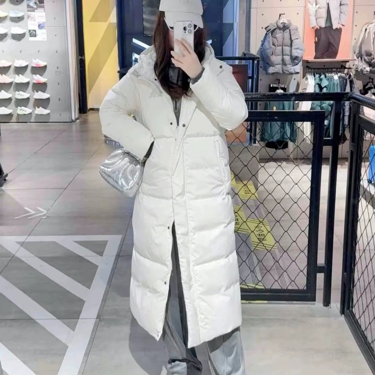 adidas阿迪达斯夹克外套女款长款侧开叉鸭绒连帽面包羽绒服JV6196