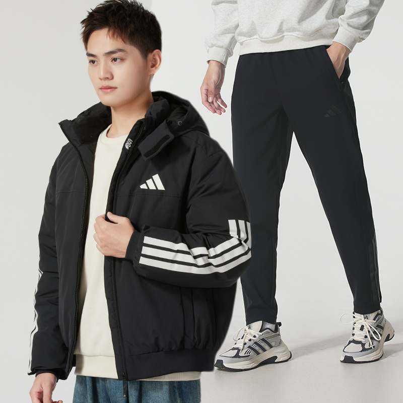 阿迪达斯黑色运动套装男装秋冬新款保暖连帽羽绒服加绒长裤两件套