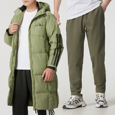 阿迪达斯运动套装男装冬季新款长款羽绒服外套加绒跑步裤子长裤潮