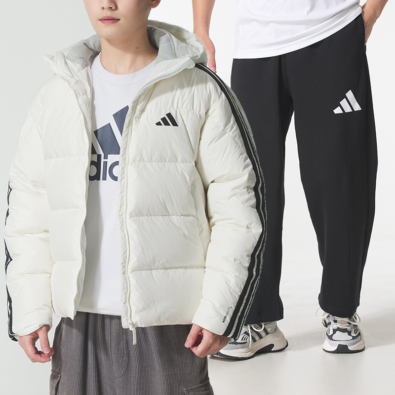 阿迪达斯套装男冬季新款连帽三条纹运动羽绒服加绒保暖裤子两件套