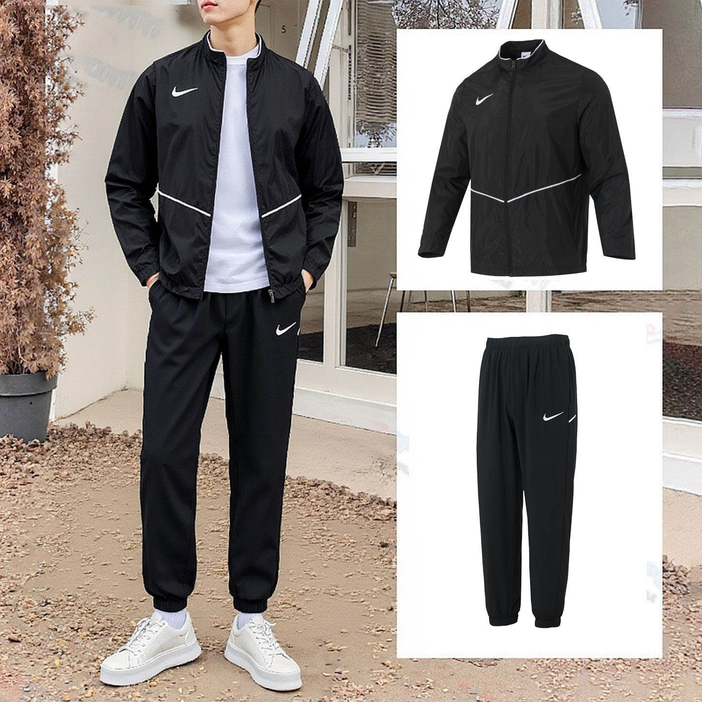 Nike耐克运动套装男装新款运动训练服夹克外套黑色长袖长裤两件套