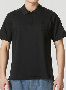 阿迪达斯黑色POLO衫男装翻领短袖休闲运动服透气T恤五分袖JE6665