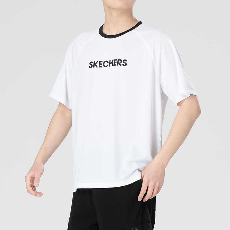 斯凯奇短袖男女情侣25新款白色透气宽松运动休闲T恤衫户外半截袖