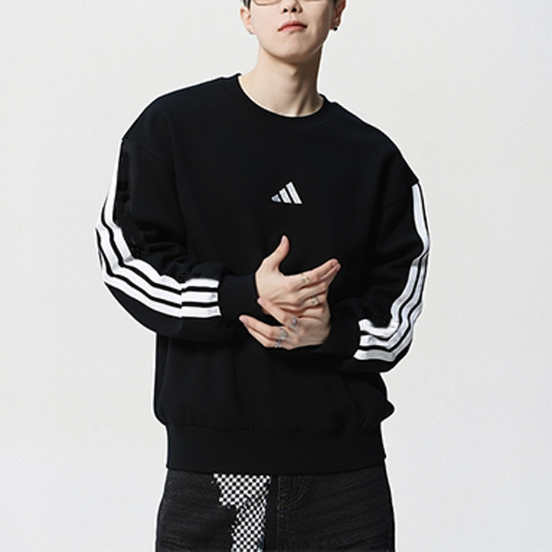 阿迪达斯加绒卫衣男2025秋季新款三条纹运动服保暖套头衫潮JE6304