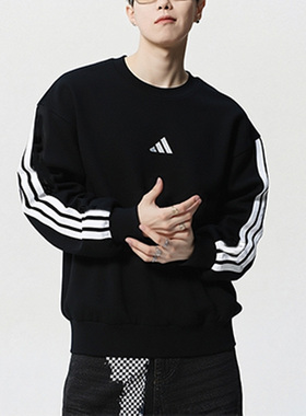 阿迪达斯加绒卫衣男2025秋季新款三条纹运动服保暖套头衫潮JE6304