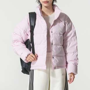 阿迪达斯粉色立领羽绒服女2025冬季新款保暖运动服休闲夹克KH3976