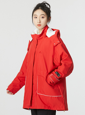 阿迪达斯红色梭织连帽夹克女中长款休闲运动服宽松加绒外套HZ2995