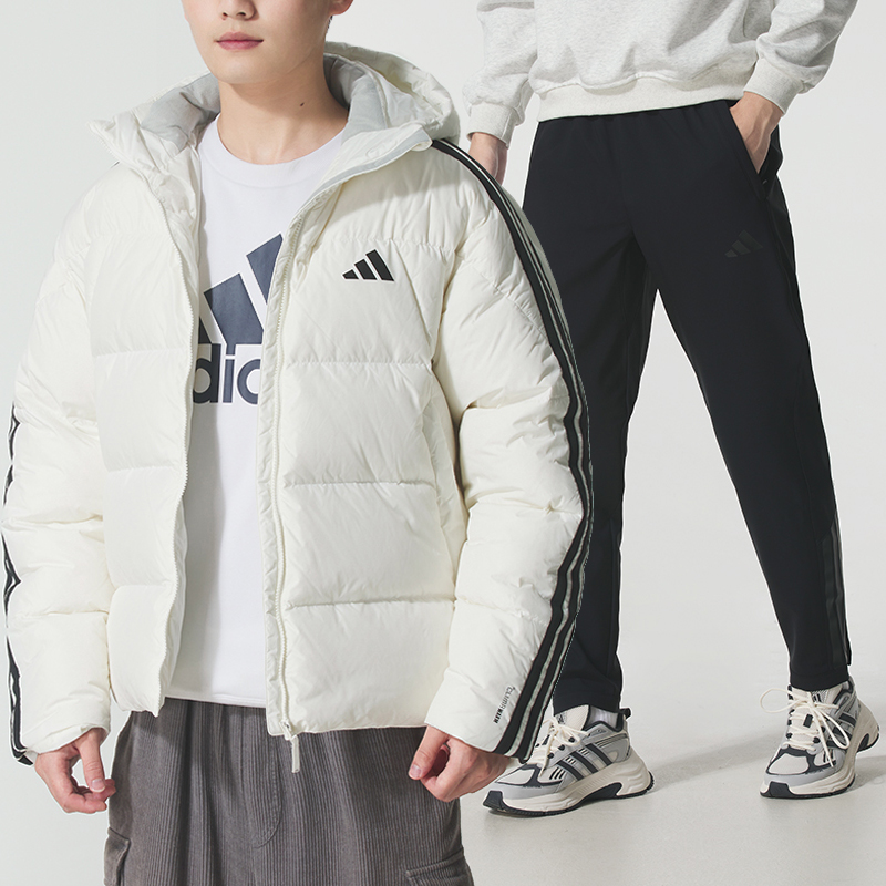 阿迪达斯运动套装男装冬季新款连帽保暖三条纹羽绒服加绒梭织长裤