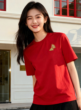 adidas阿迪达斯马年红色新年款半袖2026春男装女装短袖T恤 KR3078