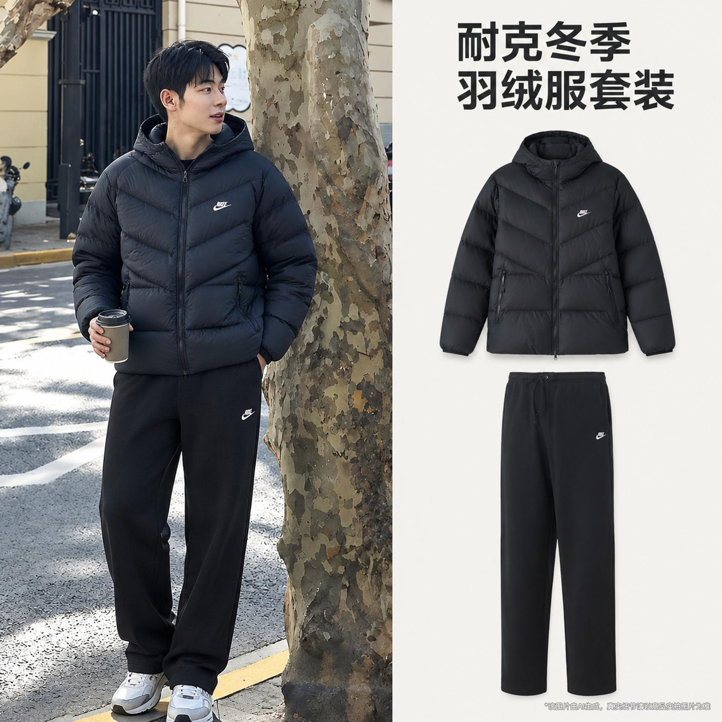 耐克正品男羽绒服冬季新款棉羽运动套装连帽保暖夹克加绒长裤外套