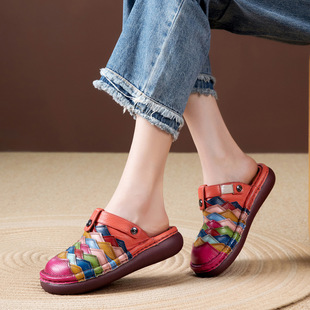 纯皮拖鞋女夏外穿2026新款真皮复古休闲时尚拼色彩虹平底两穿凉拖