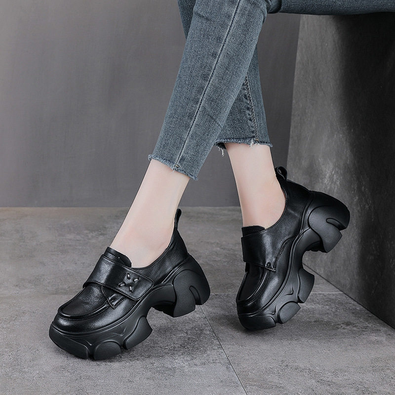 《头层牛皮》小个子厚底增高7CM春秋真皮乐福鞋时尚魔术贴单鞋女