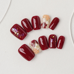 Piggy【红色珐琅花】纯手工穿戴甲中国红手绘花花气质显白新年款