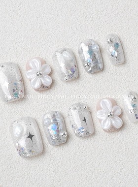 【白开水】纯手工穿戴甲白色雕花猫眼日常气质百搭显白短甲