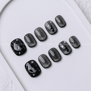 Piggy 手工穿戴甲日常手绘黑色显白美甲短甲片 月夜星芒