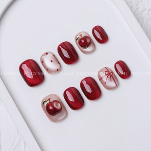 纯手工穿戴甲立体捏捏苹果红色猫眼圣诞新年显白款 红苹果猫眼