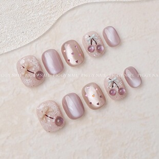 Piggy【甜心樱桃】纯手工穿戴甲日常可爱樱桃粉色猫眼少女心短甲