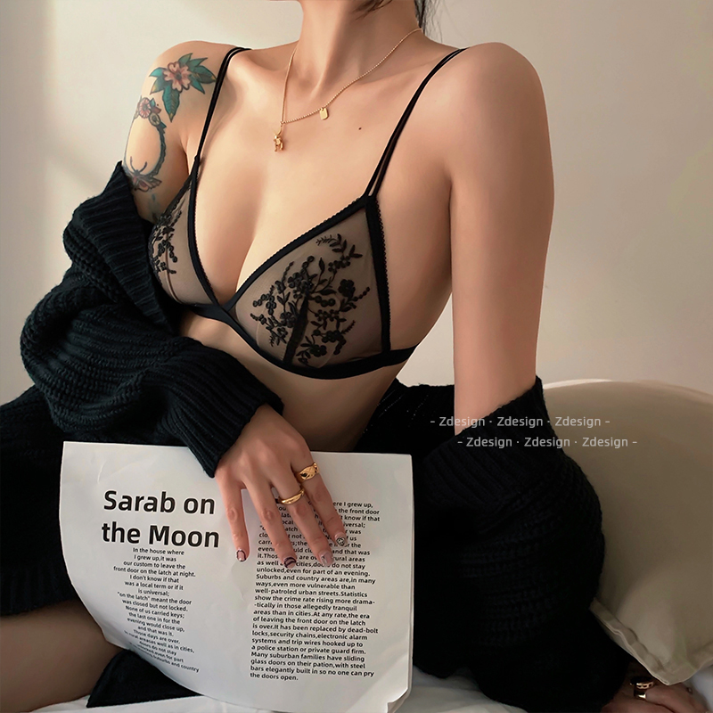 法式性感蕾丝内衣女薄款大胸显小无钢圈文胸罩三角杯超薄舒适透气