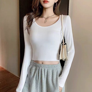 纯色上衣棉韩版 露脐圆领高腰长袖 性感修身 T恤短款 运动瑜伽 打底衫
