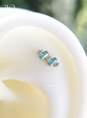 ACCIO&Mu精致感方钻蓝色锆石钛合金耳钉16g几何满钻耳蜗钉耳骨钉