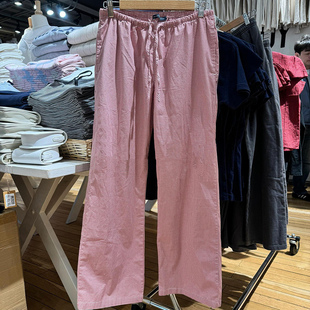 Brandy bm新款红白细格子松紧腰抽绳直筒休闲裤长裤粉色格纹裤女