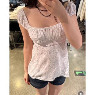 BM小海鸥新款法式甜美小碎花短袖T恤女背后系带可爱波点小衫上衣