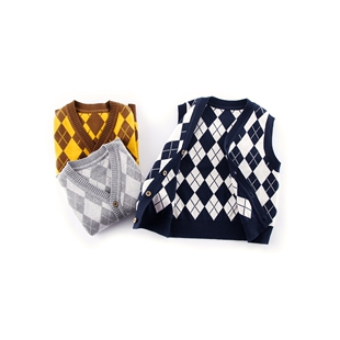 左西正工厂男童马甲欧美格子开衫背心童装毛衣中小童针织上衣女大