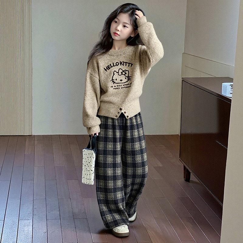 左西正女童秋冬毛衣套装2026新款女大童秋装时尚套头针织衫格子裤