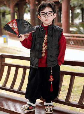 左西正男童套装加绒加厚秋冬款2026新款过年红色喜庆卫衣儿童新年