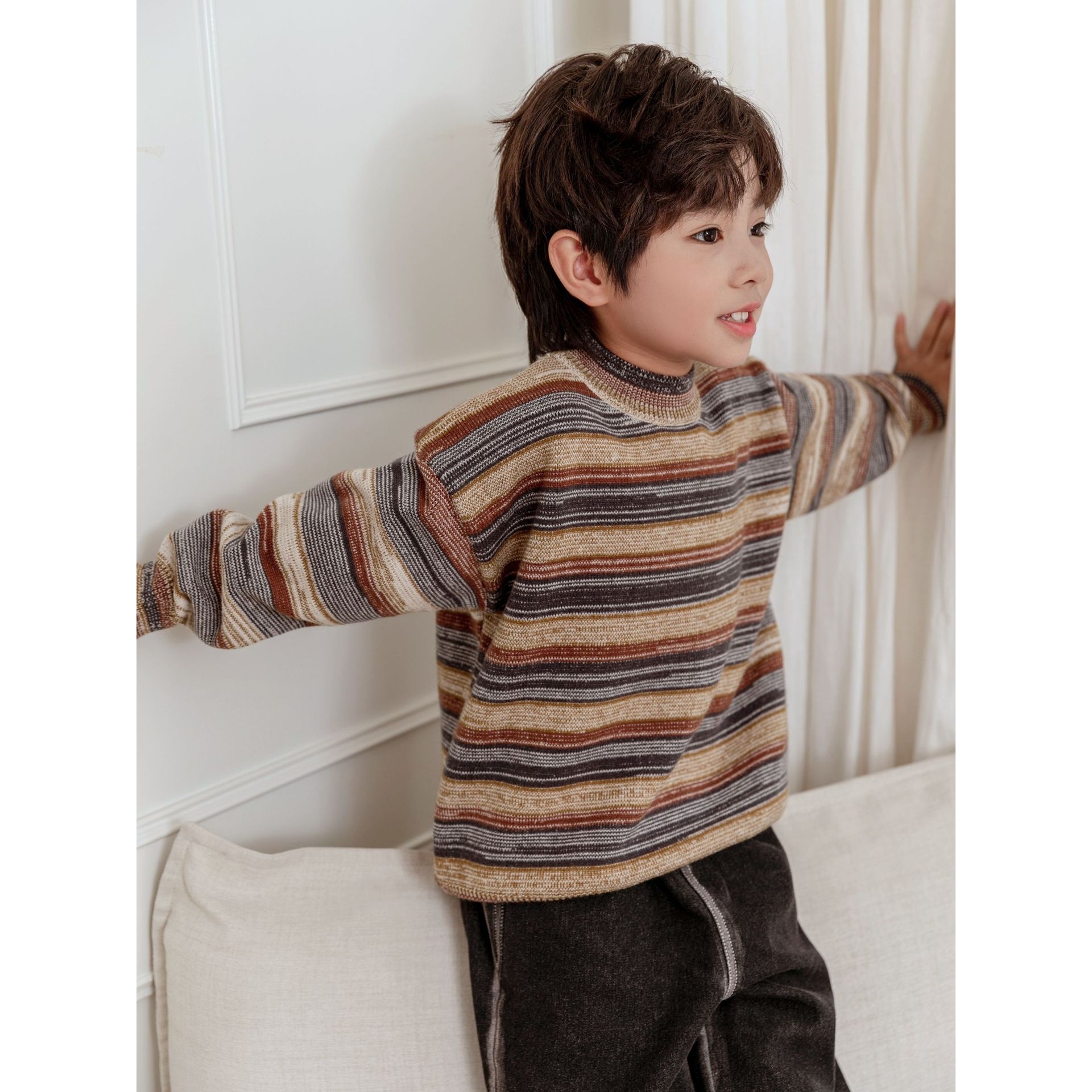 左西正2026男童毛衣套衫冬天新款儿童衣服韩版条纹撞色针织衫童装