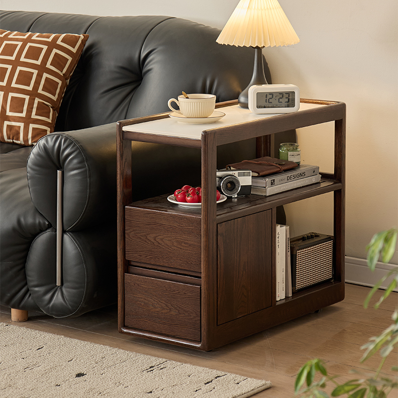 全实木边几客厅2025新款可移动轻奢侧边柜北美橡木胡桃色沙发茶几