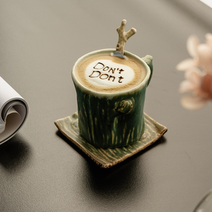 家用办公室下午茶拿铁拉花杯子 莳绘金缮原创设计粗陶咖啡杯碟套装