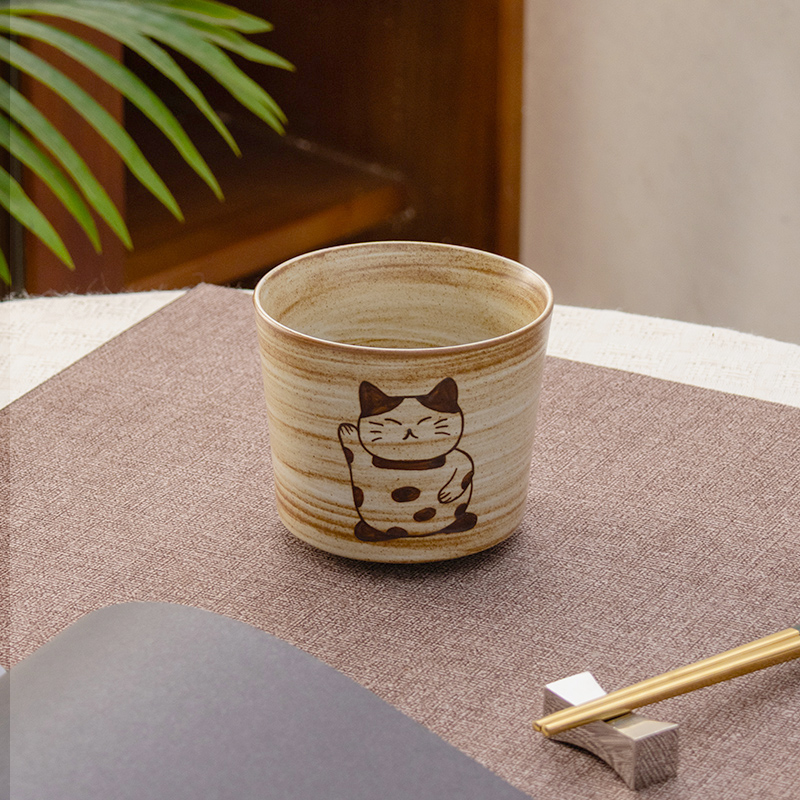 日式复古手绘招财猫手握杯