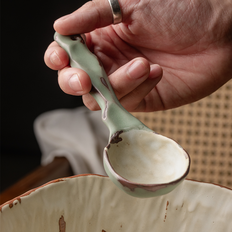 手工粗陶小饭勺日式复古调羹汤匙