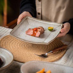 日式 莳绘金缮 粗陶复古深盘家用菜盘景德镇餐具酒店餐厅商用菜碟