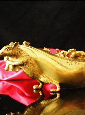 纯黄铜五鼠运财黄金袋鼠十二生肖鼠家居办公室聚财铜老鼠摆件礼品