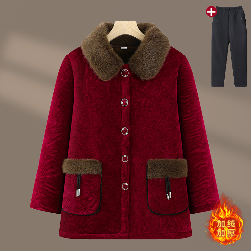 中老年大毛领妈妈装毛呢冬季加绒加厚保暖外套时尚百搭棉衣上衣